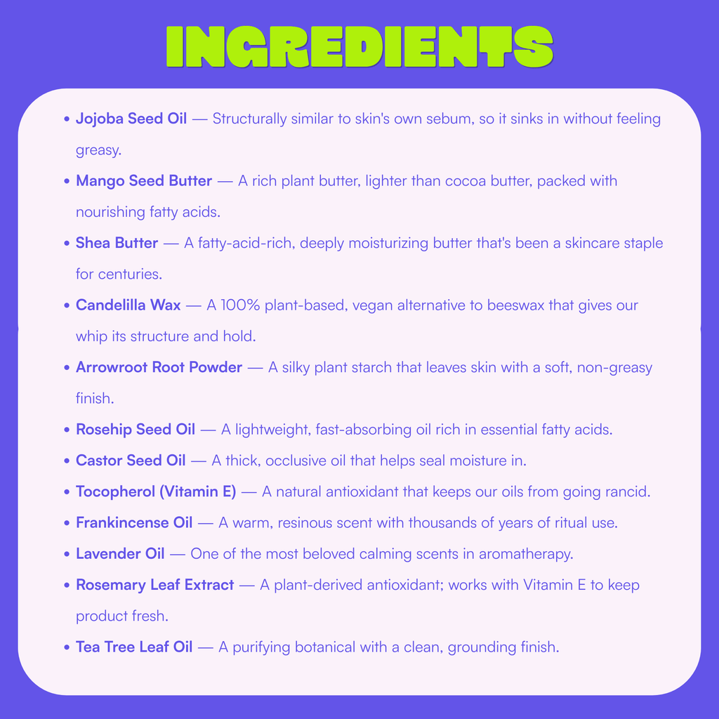 Ingredient list for HODY Original Scent Balm Butter, from jojoba seed oil to tea tree leaf oil, with what each one does