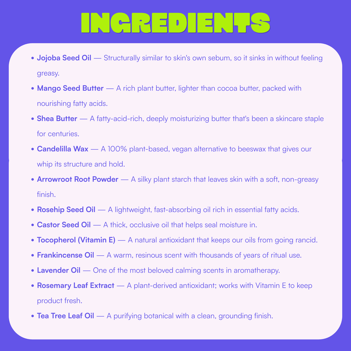 Ingredient list for HODY Original Scent Balm Butter, from jojoba seed oil to tea tree leaf oil, with what each one does