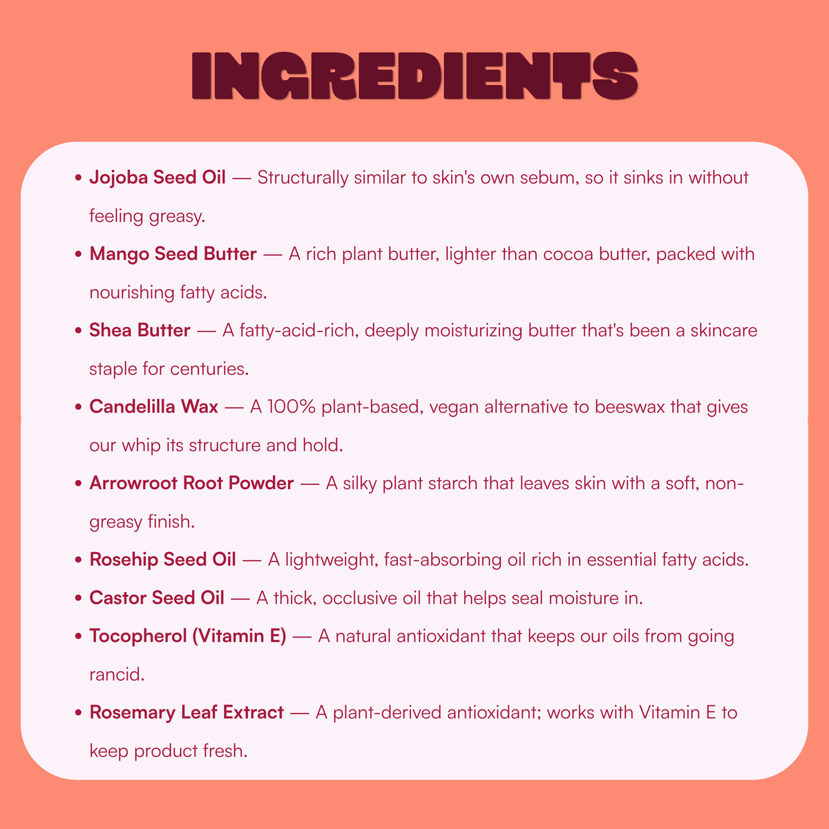 Ingredient list for HODY Unscented Balm Butter, from jojoba seed oil to rosemary leaf extract, with what each one does